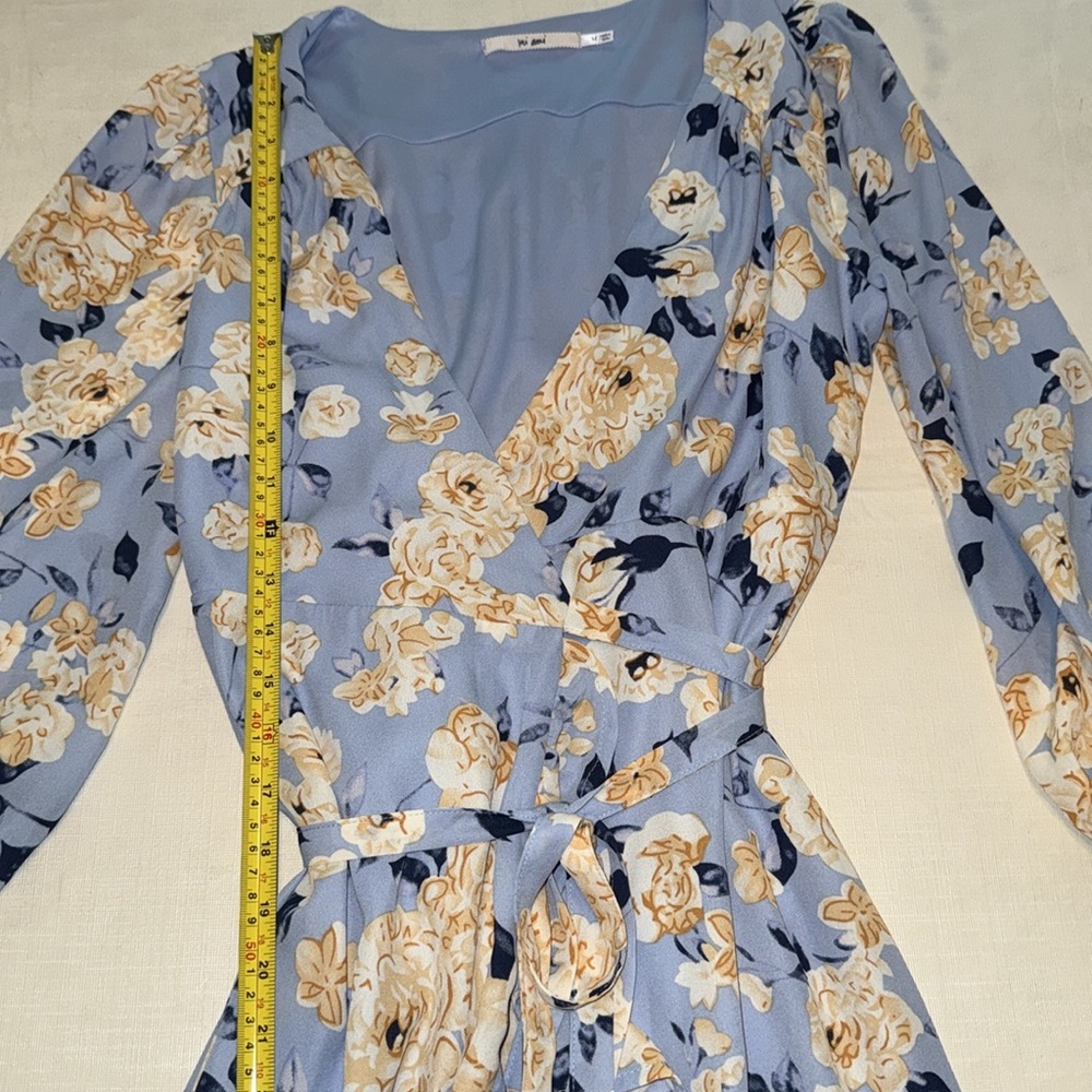 Mi Ami Women's Blue Yellow Floral Wrap Hi Low Midi Dress Size M - Picture 12 of 14